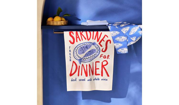 Argos Home Med Coastal Pack of 3 Tea Towels - White & Blue