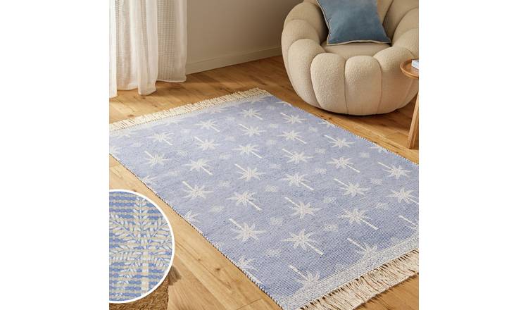 Argos Home Palm Print Fringe Blue Flatweave Rug - 120x170cm
