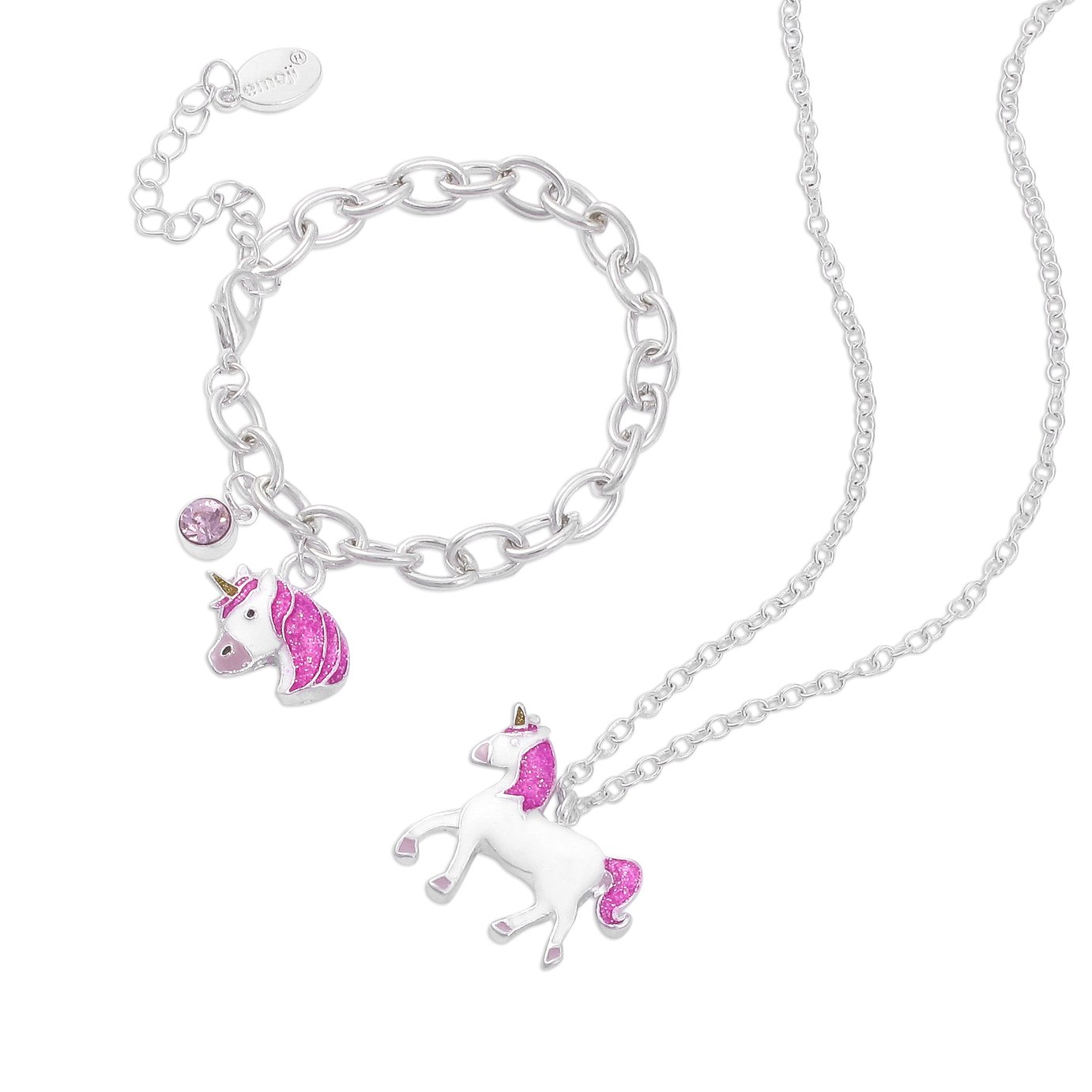 Emoji Kid's Silver Plated Unicorn Pendant and Bracelet Set