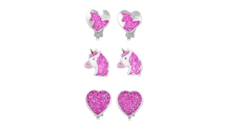 Emoji Kid's Silver Plated Pink Unicorn Earrings - Set of 3