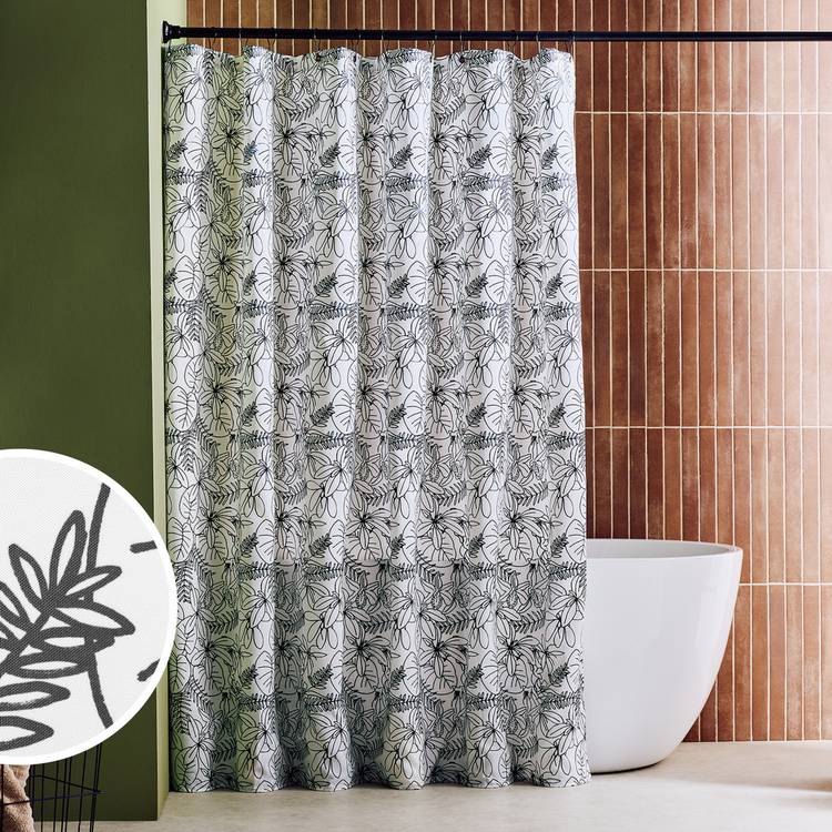 Habitat Monochrome Floral Antibacterial Shower Curtain - Black & White 0