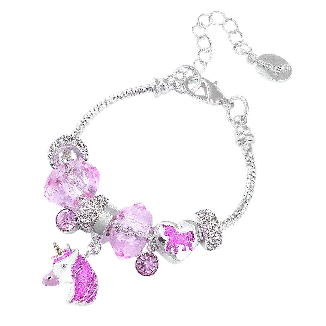 Emoji Kid's Silver Plated Pink Unicorn Beaded Charm Bracelet