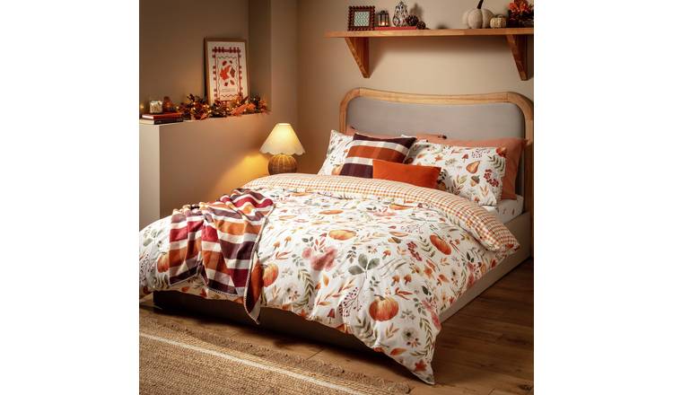 Argos Home Autumnal Pumpkin Gingham White Bedding Set - Double