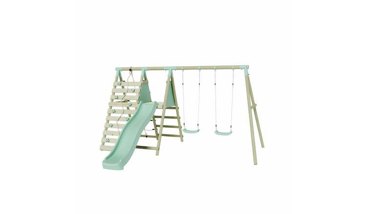Mercia Wooden Double Seat Swing with Climbing Wall & Slide