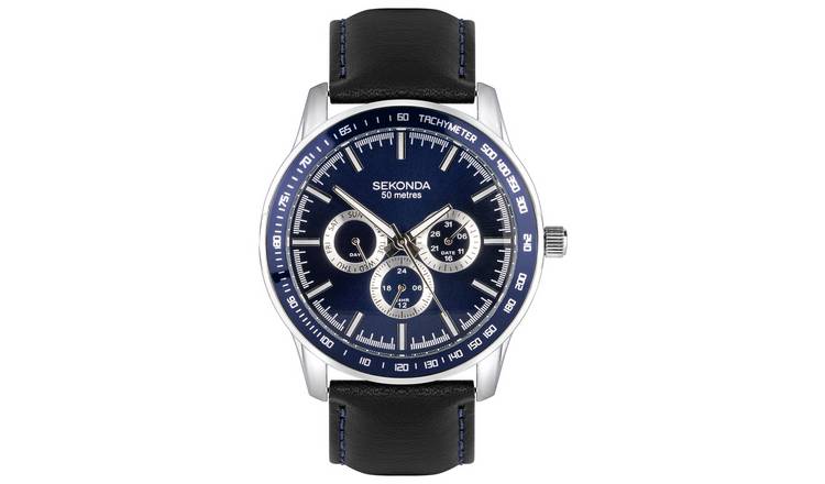 Sekonda Multi-Function Blue Dial Black Leather Strap Watch