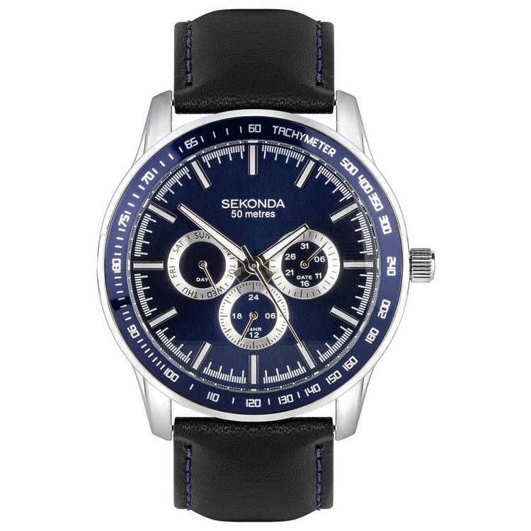 Sekonda Multi-Function Blue Dial Black Leather Strap Watch 0
