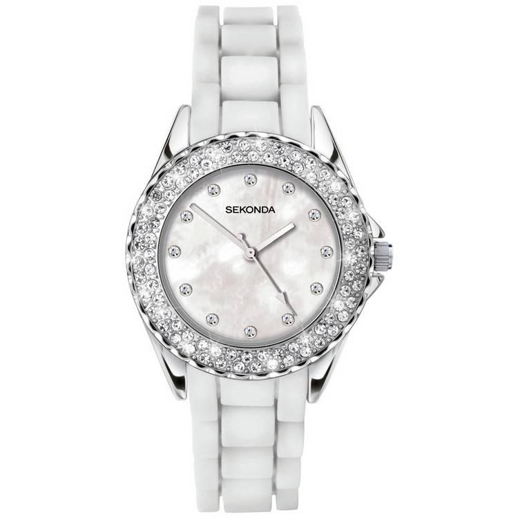 Sekonda Ladies White Stone Set Silicone Strap Watch 0
