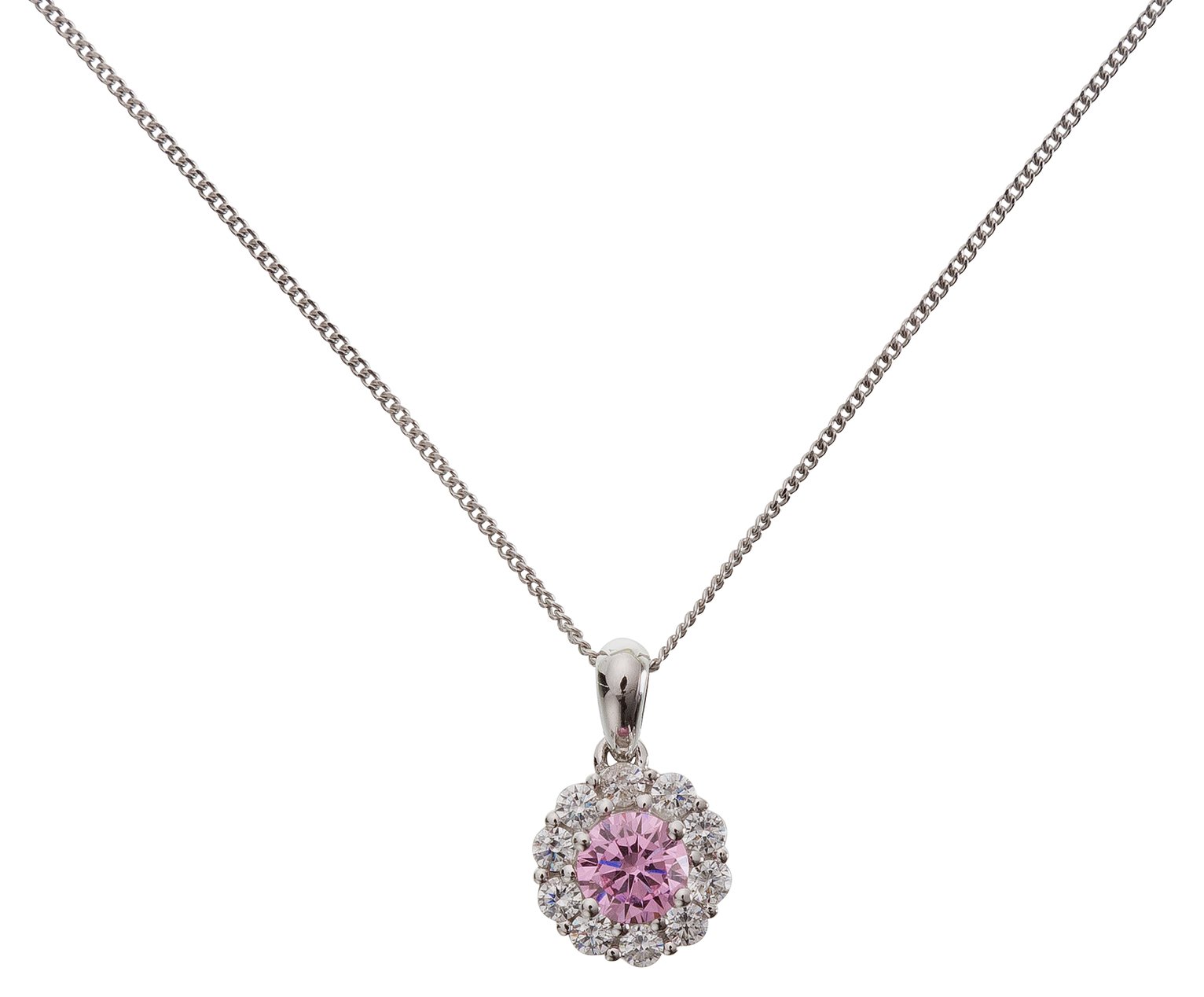 Revere Silver Pink and Clear Halo Pendant 18 Inch Necklace