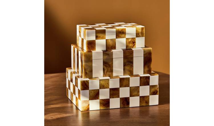 Habitat Checkered Set of 3 Trinket Boxes - Brown & Cream