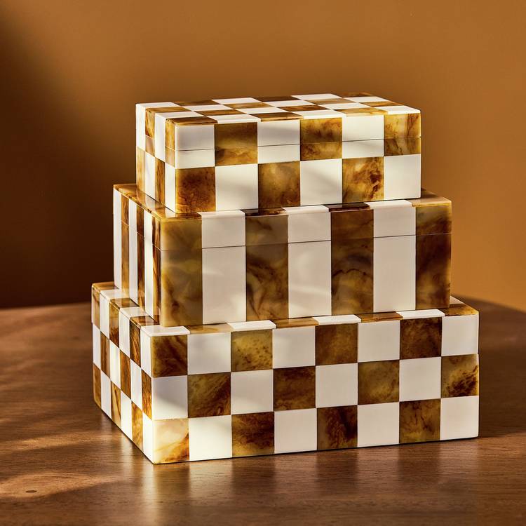 Habitat Checkered Set of 3 Trinket Boxes - Brown & Cream 0