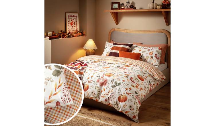 Argos Home Autumnal Pumpkin Gingham White Bedding Set - Superking