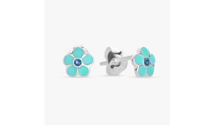 Revere Sterling Silver Blue Enamel Flower Stud Earrings