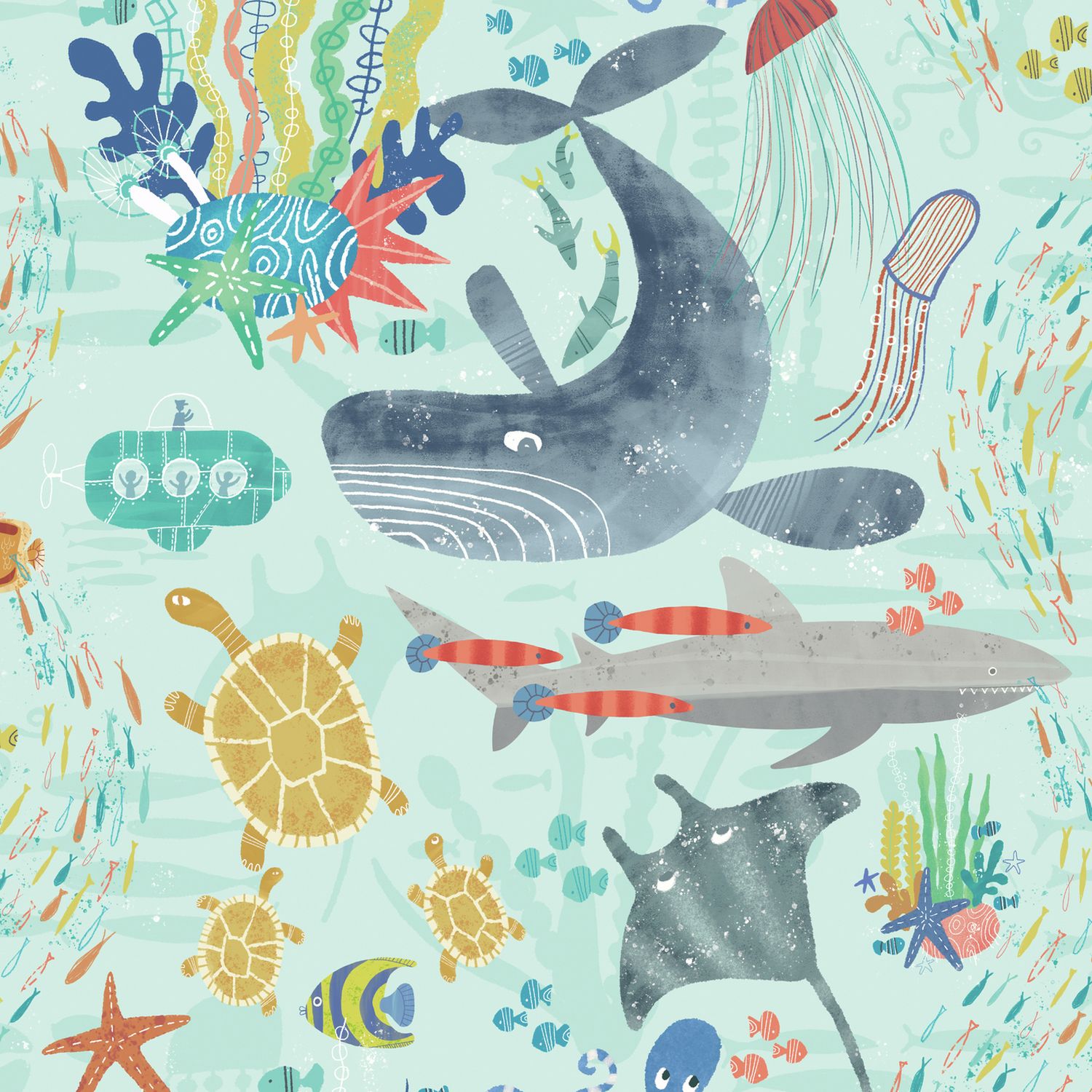 Ohpopsi Beneath The Waves Ocean Multicolour Wallpaper 50cm x 10m
