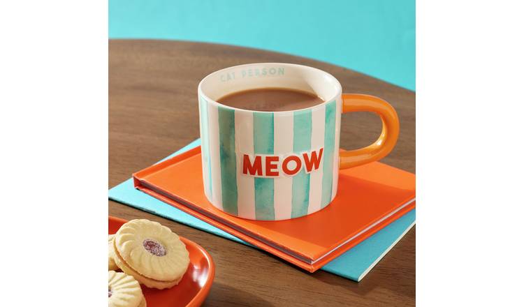 Argos Home Mint Green Stripes Meow Decal Stoneware Mug - 320ml