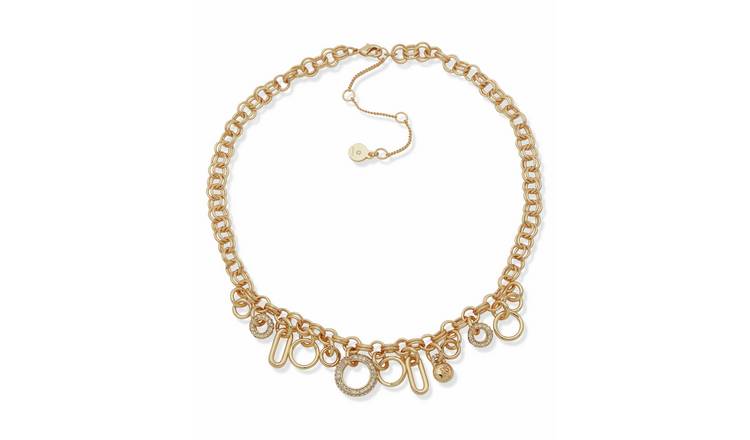 DKNY Gold Tone Pave Frontal Charm Necklace