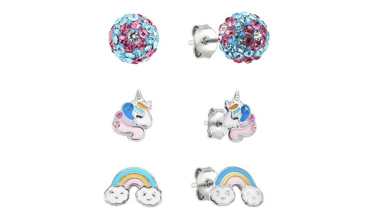 Revere Sterling Silver Kids Unicorn Ball Earrings Set of 3