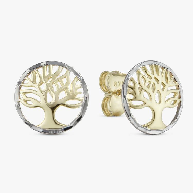 Revere 9ct Yellow Gold Two Tone Tree of Life Stud Earrings 0