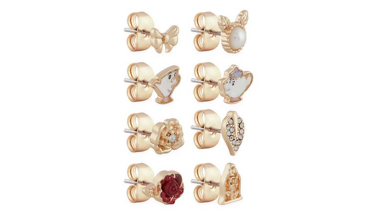 Disney Gold Crystal Beauty and Beast Stud Earrings Set of 8