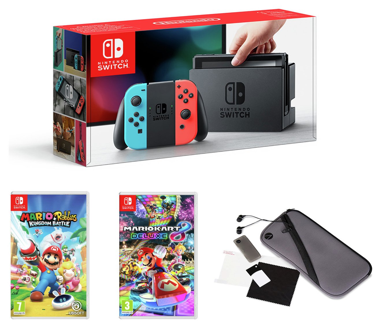 Nintendo Switch Neon Console w/ MK 8, Mario + RKB,  acc pack