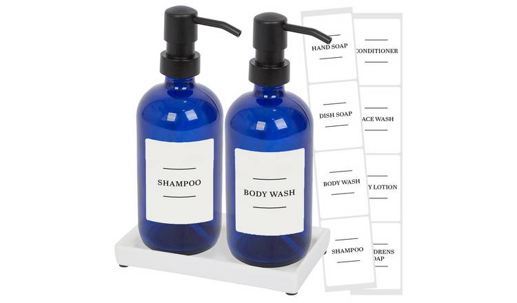 Harbour Housewares 2pc Soap Dispenser Set & Labels  - Blue/White