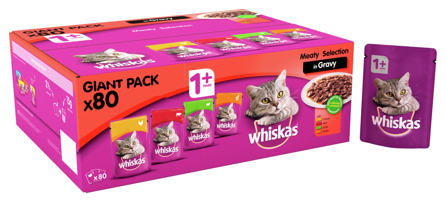 Whiskas 1+ Cat Pouches Meat Selection in Gravy 80 Pouches Review