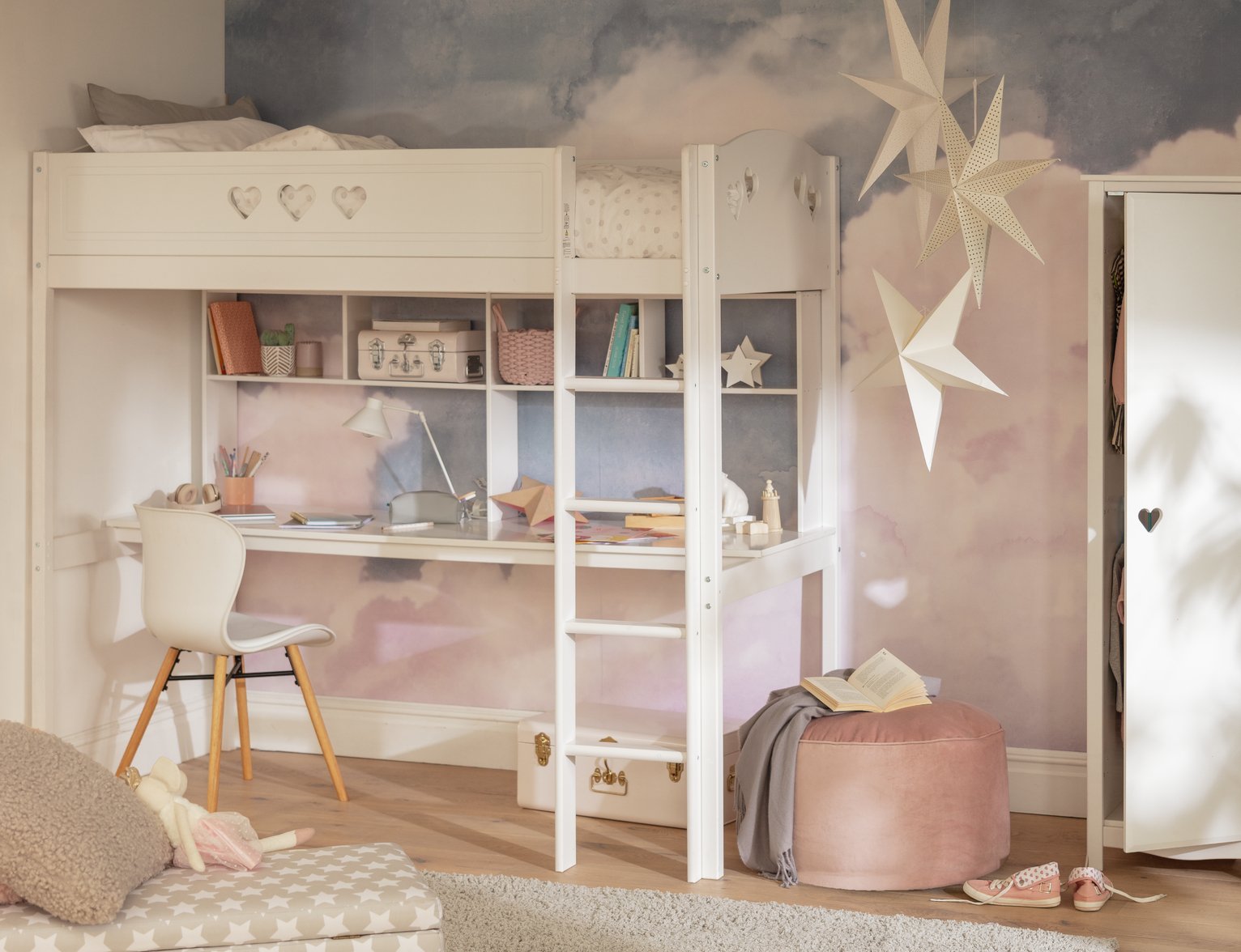 high bunk bed with desk underneath