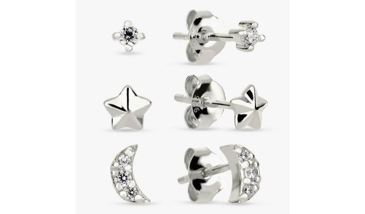 Revere Sterling Silver Moon and Star Stud Earrings- Set of 3