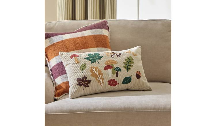 Argos Home Autumn Mushroom & Foliage Embroidered Cushion Neutral - 50x30cm