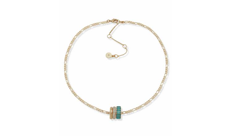 DKNY Gold Tone Pave Teal Baguette Pendant Necklace