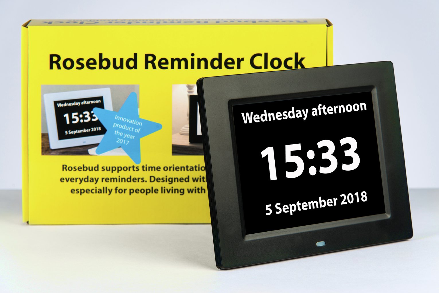 Rosebud Dementia Reminder Clock - Black Frame