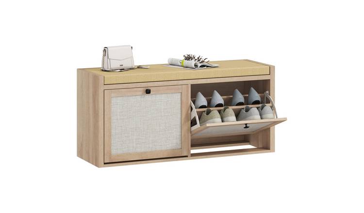 HOMCOM Shoe Bench with 2 Rattan Doors and Padded Cushion Seat - Oak Wood Effect