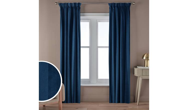 Argos Home Velvet Blackout Contrast Stripe Pencil Pleat Curtain- Navy -168x183cm