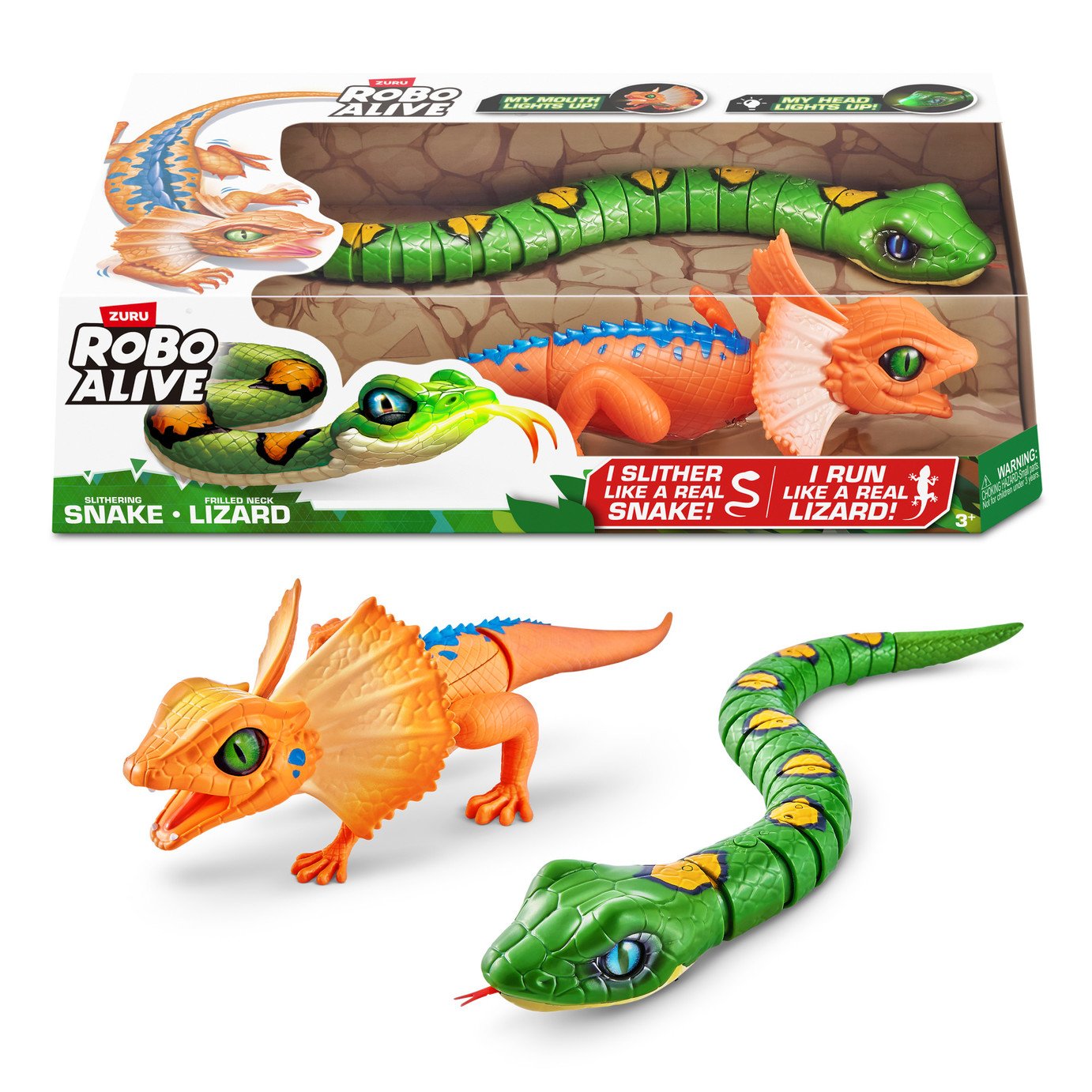 ROBO ALIVE Lurking Lizard Series 3 (Orange) Jouet Lumineux à Piles, mouvements réalistes, lézard