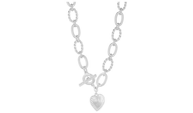 Lipsy Silver Plated Textured Heart Charm T-Bar Necklace