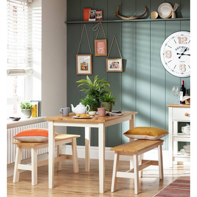 Argos Home Chicago Oak White Dining Table & 2 White Benches 0