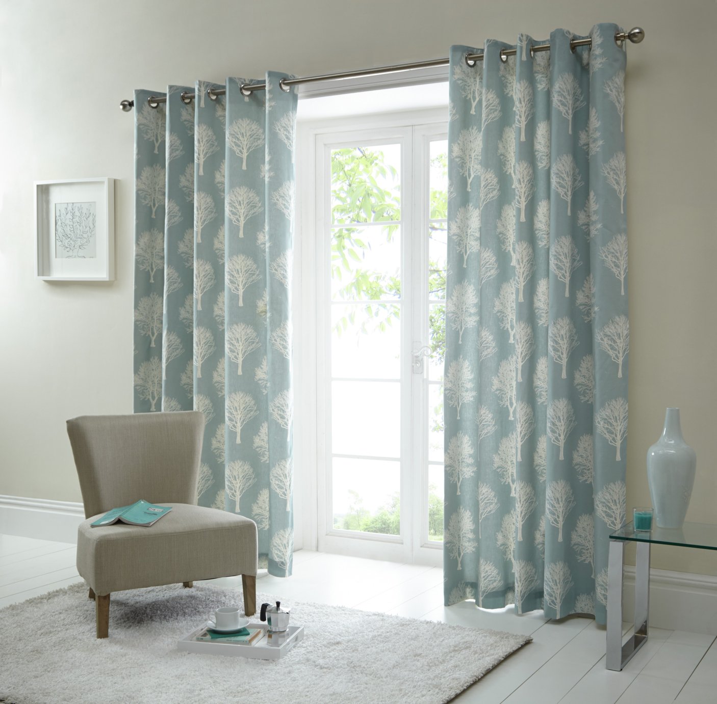 Fusion Woodland Trees Curtains - 167x182cm - Duck Egg.