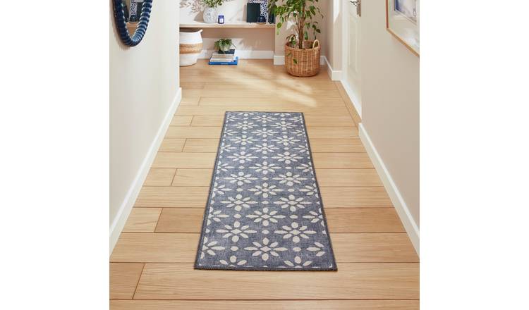 Think Rugs Coral Floral Blue Flatweave Runner - 61x170cm