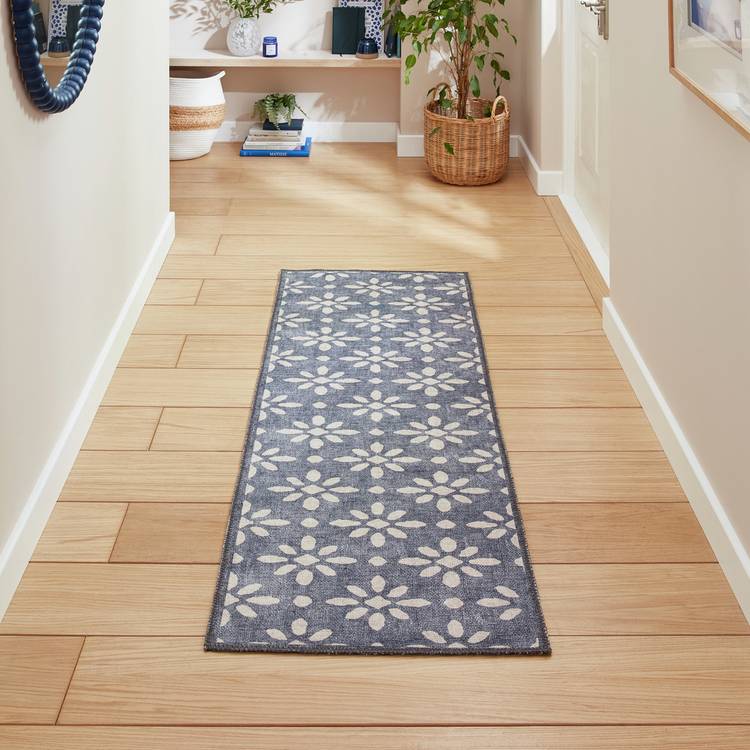 Think Rugs Coral Floral Blue Flatweave Runner Rug - 61x170cm