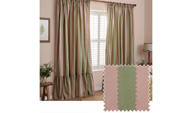 Wylder Birdie Stripe Pencil Pleat Curtains - Pink/Green - 117x137cm