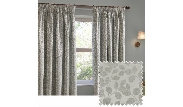 Wylder Grace Leaf Floral Pencil Pleat Curtains - Grey - 117x137cm