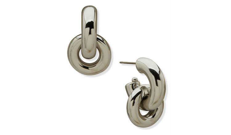 DKNY Silver Tone Puffy Interlocking Curved Shapes Drop Earrings