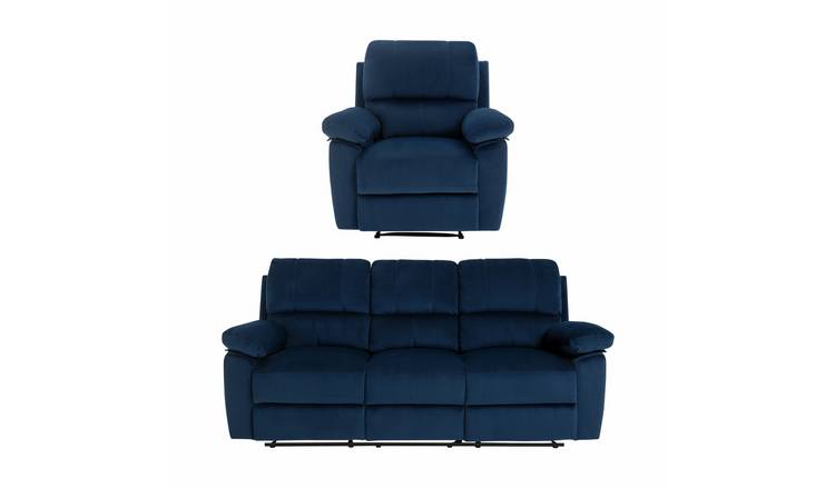 Argos Home Toby Velvet Chair & 3 Seater Recliner Sofa - Navy
