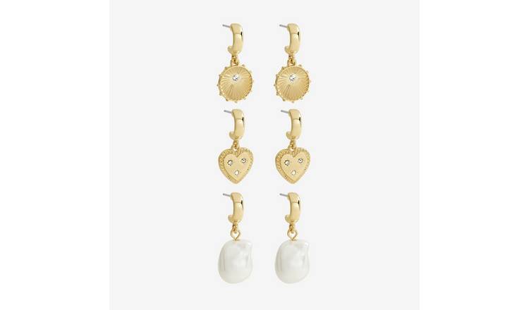 Lipsy Mood Gold Plated Charm Pearl Multipack Huggies Drop Earrings - Pack of 3