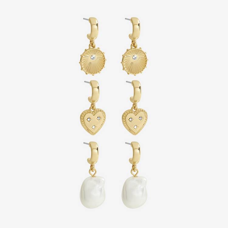 Lipsy Mood Gold Plated Charm Pearl Huggies Drop Earrings - Pack of 3