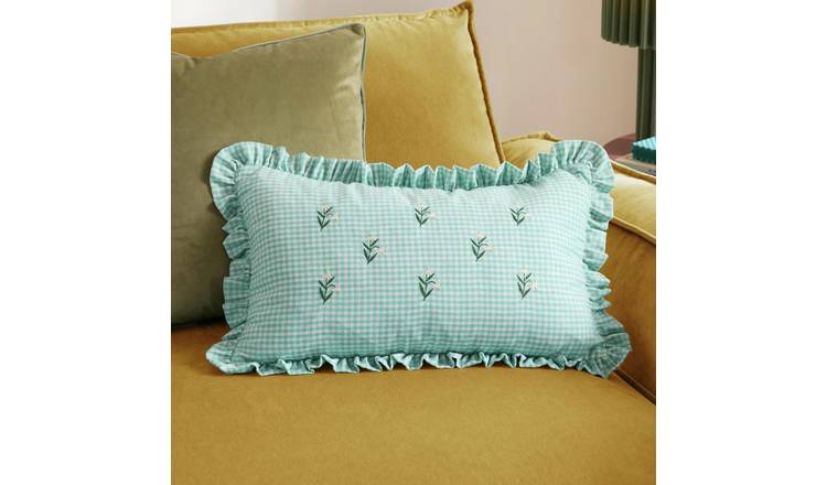 Furn Les Petite Fleurs Gingham Embroidered Cushion Green - 30x50cm