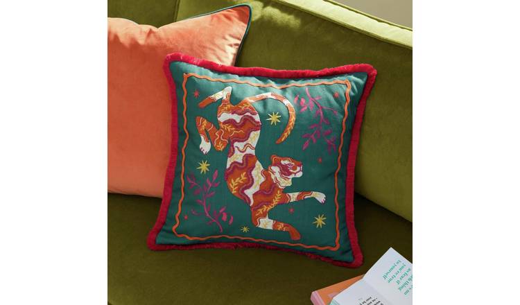 Furn Les Animaux Tiger Tufted Cushion Green - 45x45cm