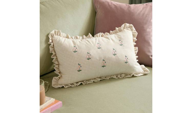 Furn Les Petite Fleurs Gingham Embroidered Cushion Natural - 30x50cm