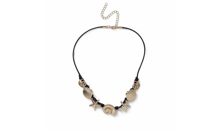 Freedom Gold Tone Shell & Starfish Black Cord Necklace