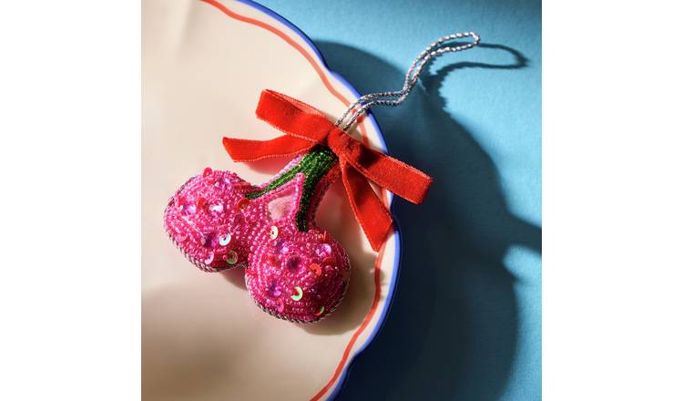Argos Home Pink Beaded Cherry Hanging Christmas Ornament