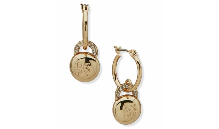 DKNY Gold Tone Pave Logo Lock Drop Earrings